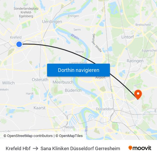 Krefeld Hbf to Sana Kliniken Düsseldorf Gerresheim map