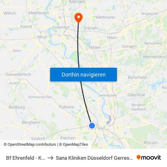 Bf Ehrenfeld - Köln to Sana Kliniken Düsseldorf Gerresheim map