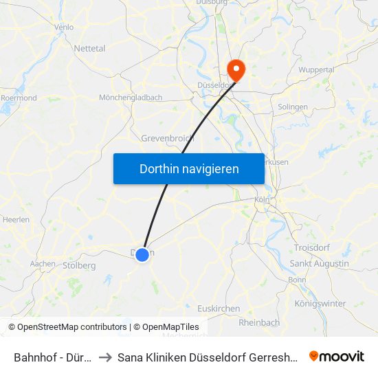 Bahnhof - Düren to Sana Kliniken Düsseldorf Gerresheim map