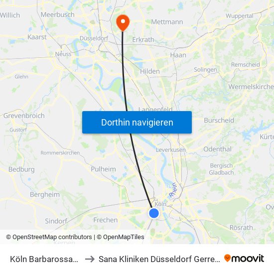 Köln Barbarossaplatz to Sana Kliniken Düsseldorf Gerresheim map