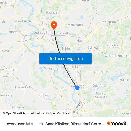 Leverkusen Mitte Bf to Sana Kliniken Düsseldorf Gerresheim map