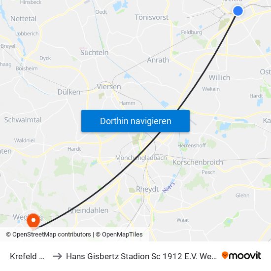 Krefeld Hbf to Hans Gisbertz Stadion Sc 1912 E.V. Wegberg map