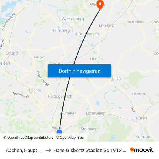 Aachen, Hauptbahnhof to Hans Gisbertz Stadion Sc 1912 E.V. Wegberg map