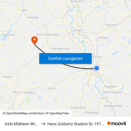 Köln Mülheim Wiener Platz to Hans Gisbertz Stadion Sc 1912 E.V. Wegberg map