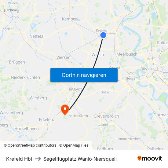 Krefeld Hbf to Segelflugplatz Wanlo-Niersquell map