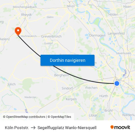 Köln Poststr. to Segelflugplatz Wanlo-Niersquell map