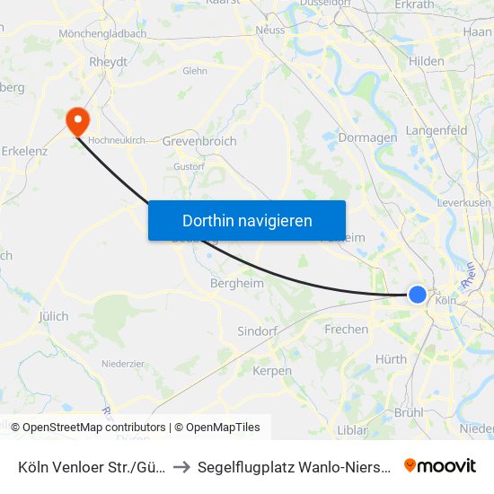 Köln Venloer Str./Gürtel to Segelflugplatz Wanlo-Niersquell map