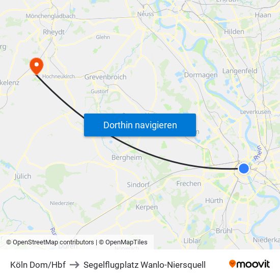 Köln Dom/Hbf to Segelflugplatz Wanlo-Niersquell map