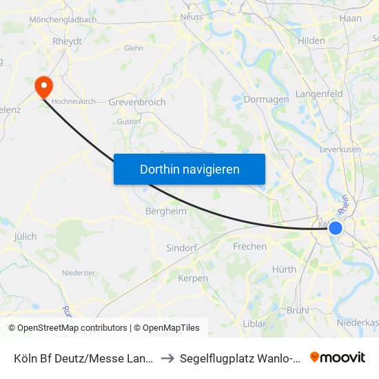Köln Bf Deutz/Messe Lanxess Arena to Segelflugplatz Wanlo-Niersquell map