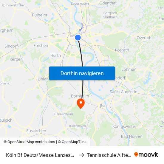 Köln Bf Deutz/Messe Lanxess Arena to Tennisschule Alfter E.V. map