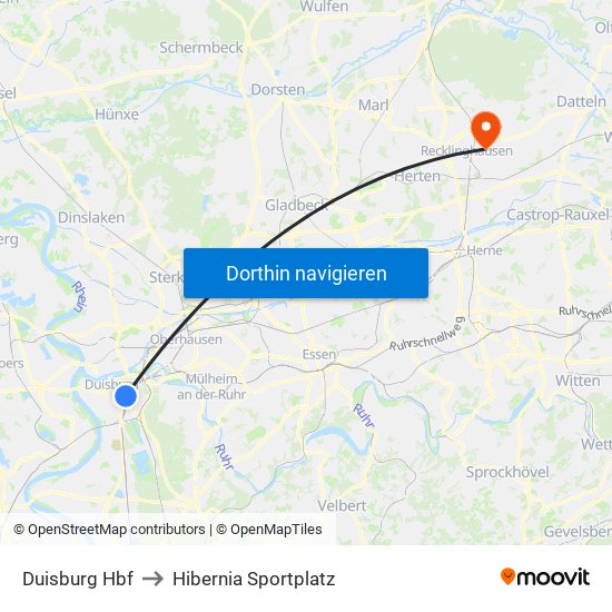 Duisburg Hbf to Hibernia Sportplatz map