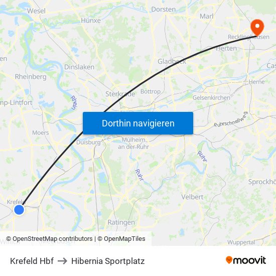 Krefeld Hbf to Hibernia Sportplatz map