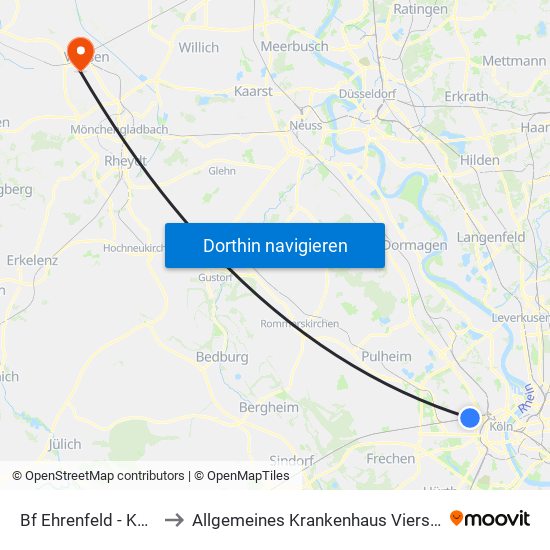 Bf Ehrenfeld - Köln to Allgemeines Krankenhaus Viersen map