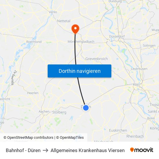 Bahnhof - Düren to Allgemeines Krankenhaus Viersen map