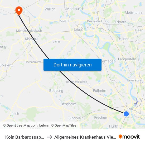 Köln Barbarossaplatz to Allgemeines Krankenhaus Viersen map