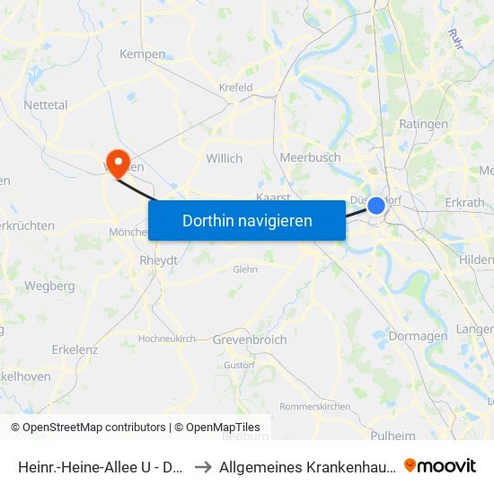 Heinr.-Heine-Allee U - Düsseldorf to Allgemeines Krankenhaus Viersen map