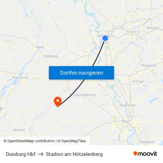 Duisburg Hbf to Stadion am Hötzelenberg map