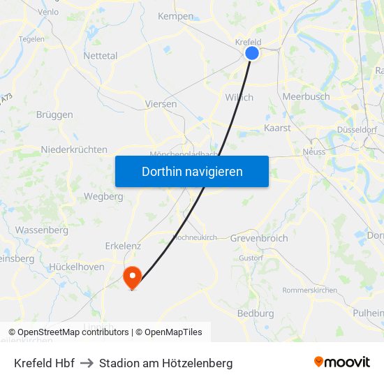 Krefeld Hbf to Stadion am Hötzelenberg map