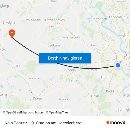 Köln Poststr. to Stadion am Hötzelenberg map