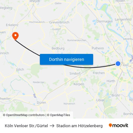 Köln Venloer Str./Gürtel to Stadion am Hötzelenberg map