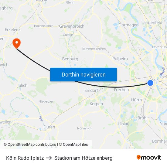 Köln Rudolfplatz to Stadion am Hötzelenberg map