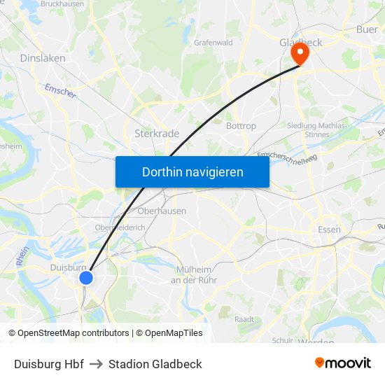 Duisburg Hbf to Stadion Gladbeck map