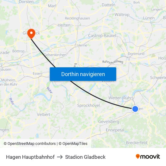 Hagen Hauptbahnhof to Stadion Gladbeck map