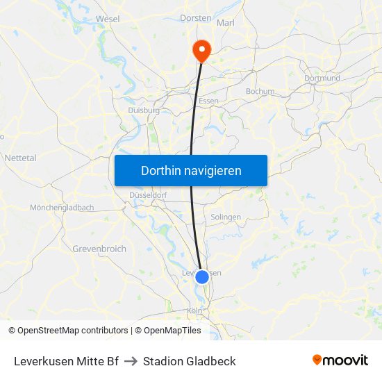 Leverkusen Mitte Bf to Stadion Gladbeck map