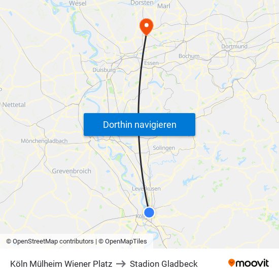 Köln Mülheim Wiener Platz to Stadion Gladbeck map