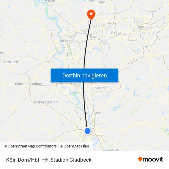 Köln Dom/Hbf to Stadion Gladbeck map