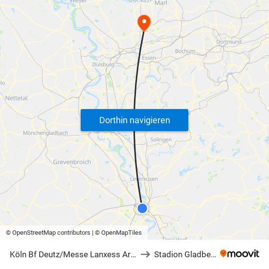 Köln Bf Deutz/Messe Lanxess Arena to Stadion Gladbeck map