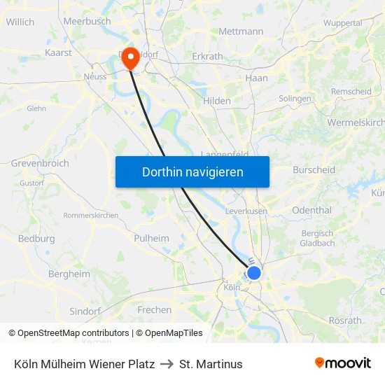 Köln Mülheim Wiener Platz to St. Martinus map