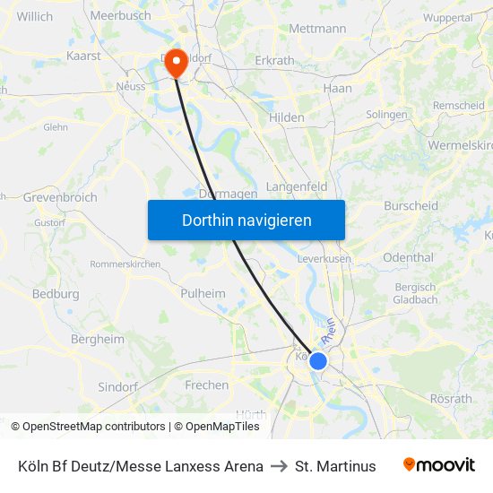 Köln Bf Deutz/Messe Lanxess Arena to St. Martinus map
