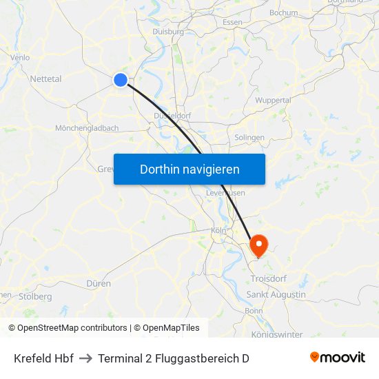 Krefeld Hbf to Terminal 2 Fluggastbereich D map