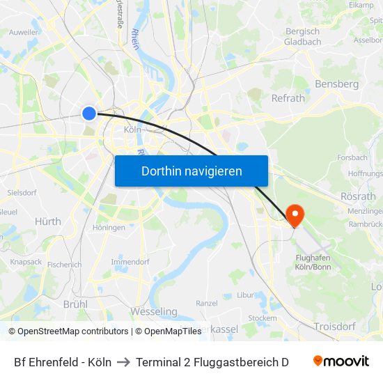 Bf Ehrenfeld - Köln to Terminal 2 Fluggastbereich D map