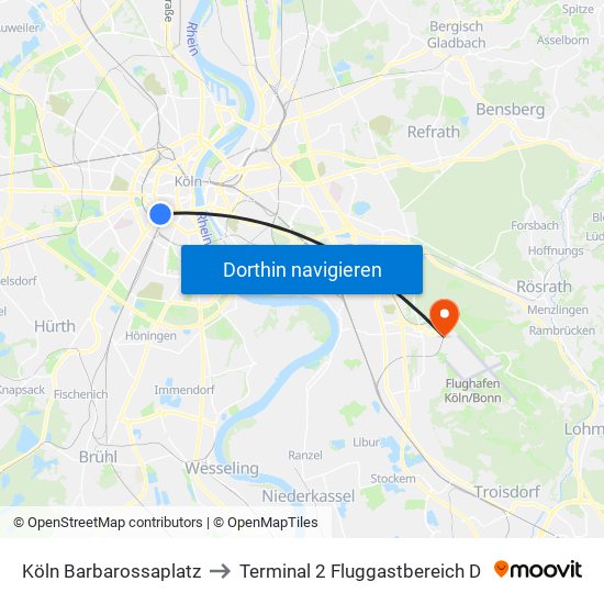 Köln Barbarossaplatz to Terminal 2 Fluggastbereich D map