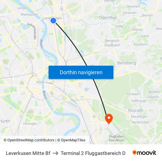 Leverkusen Mitte Bf to Terminal 2 Fluggastbereich D map