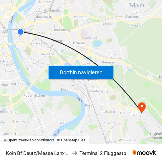 Köln Bf Deutz/Messe Lanxess Arena to Terminal 2 Fluggastbereich D map