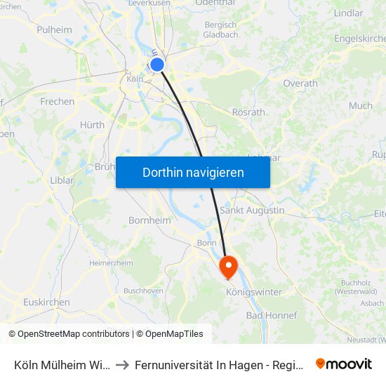 Köln Mülheim Wiener Platz to Fernuniversität In Hagen - Regionalzentrum Bonn map