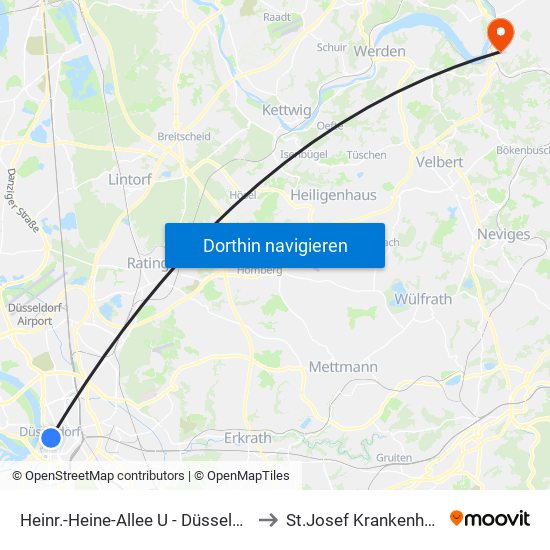 Heinr.-Heine-Allee U - Düsseldorf to St.Josef Krankenhaus map