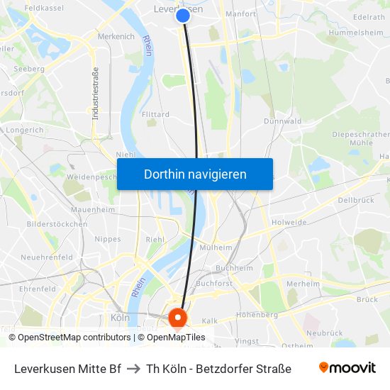Leverkusen Mitte Bf to Th Köln - Betzdorfer Straße map