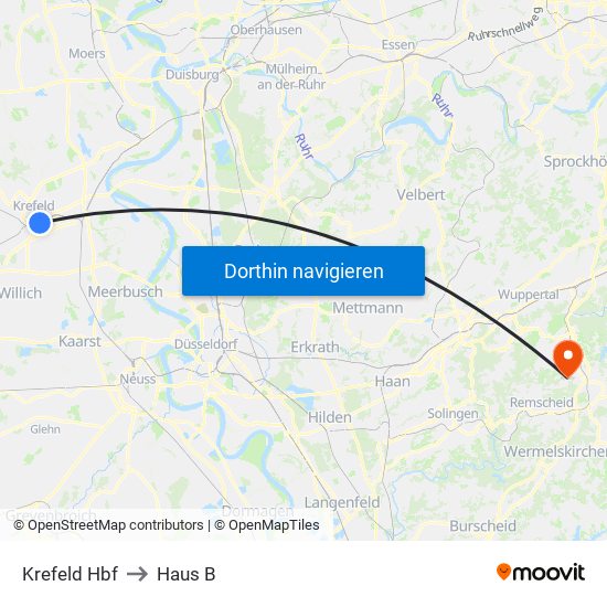 Krefeld Hbf to Haus B map