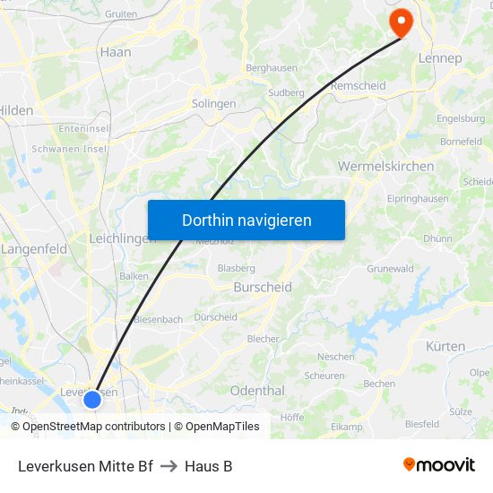 Leverkusen Mitte Bf to Haus B map