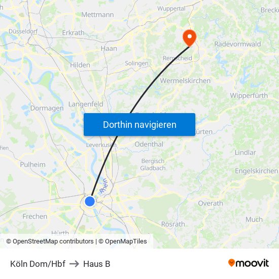 Köln Dom/Hbf to Haus B map