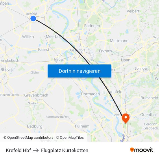 Krefeld Hbf to Flugplatz Kurtekotten map