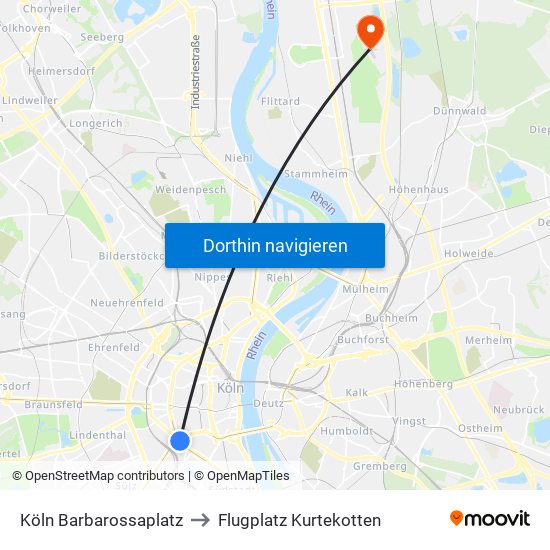 Köln Barbarossaplatz to Flugplatz Kurtekotten map