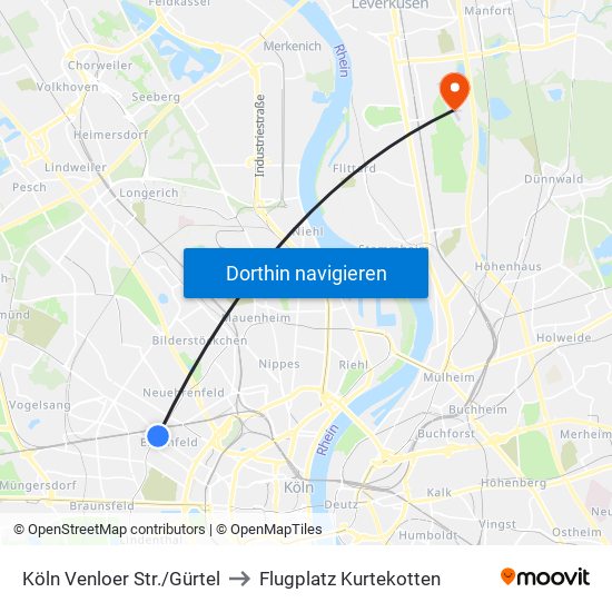 Köln Venloer Str./Gürtel to Flugplatz Kurtekotten map