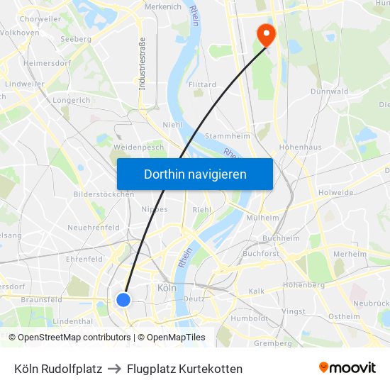 Köln Rudolfplatz to Flugplatz Kurtekotten map