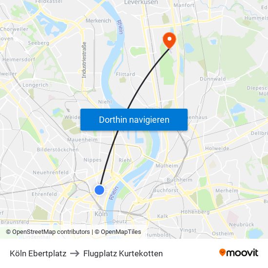 Köln Ebertplatz to Flugplatz Kurtekotten map