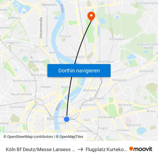 Köln Bf Deutz/Messe Lanxess Arena to Flugplatz Kurtekotten map